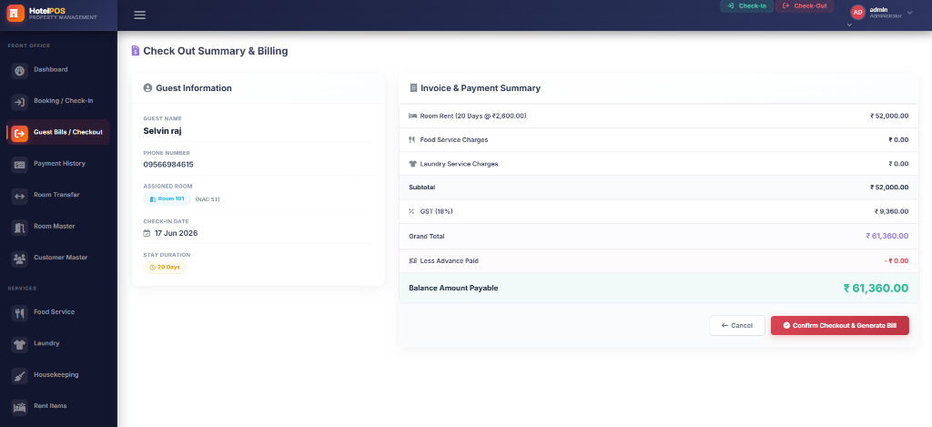 Hotel Guest Billing Checkout Folio