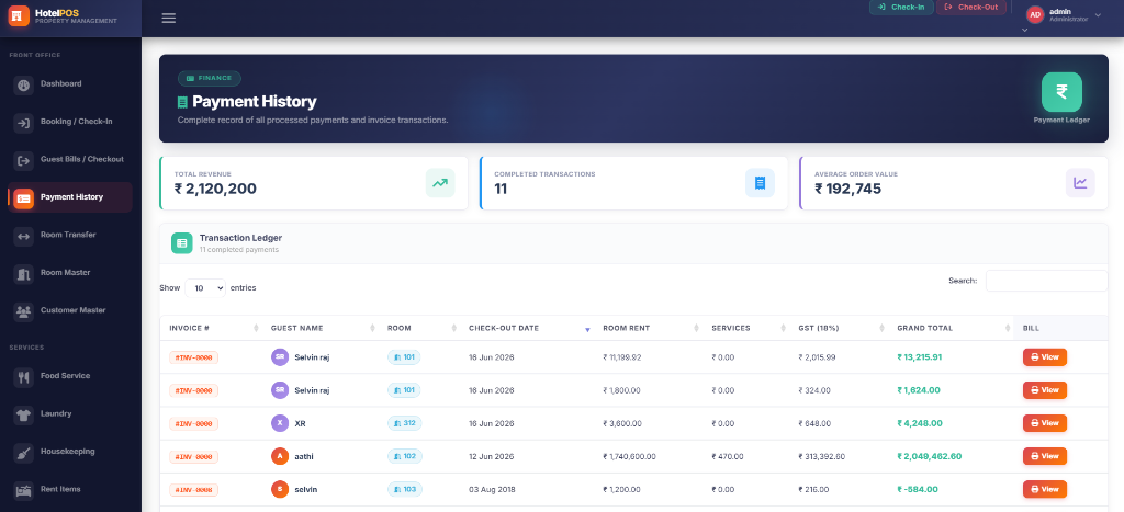 Hotel Payment Transactions History